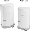 Two white diaper bins are shown side-by-side against a white background. The bin on the left is labeled 'Akord' and the bin on the right is labeled 'Akord Slim'. Produktbild-Vorschau
