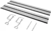 Two aluminum guide rails with black strips and two clamps, along with two small metal plates. Produktbild-Vorschau