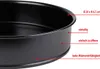 A close-up view of a black round baking pan with descriptive text labels pointing to its features. Produktbild-Vorschau