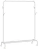 A white metal garment rack with wheels and hooks on a white background. Produktbild-Vorschau