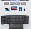 A marketing image showing a foldable Bluetooth keyboard with a large touchpad, compatible with multiple devices and operating systems. Produktbild-Vorschau