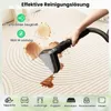 A hand is using a carpet cleaner on a stained carpet, with text overlays highlighting product features. Produktbild-Vorschau