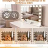 A collage of images showing a vanity mirror with lights, its controls, and different lighting modes with a woman using it. Produktbild-Vorschau
