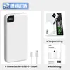 A collage of images showing a white power bank, its packaging, and an instruction manual. Produktbild-Vorschau