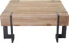A close-up, front-facing view of a rustic wooden coffee table with dark metal legs, set against a plain white background. Voir les images du produit