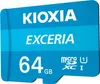 A close-up of a Kioxia EXCERIA 64GB MicroSDXC I flash memory card. Podgląd zdjęcia produktu