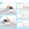 The image shows a woman using a memory foam pillow, with diagrams illustrating proper neck alignment. Produktbild-Vorschau