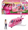 A Barbie airplane playset and a Barbie pilot doll are shown, with the playset in its packaging in the top half of the image and the assembled playset and doll in the bottom half. Produktbild-Vorschau
