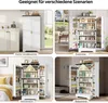 Collage of four images showing a white storage cabinet in different room settings: a kitchen pantry, a dining room, a bedroom, and a bathroom. Anteprima dell’immagine prodotto