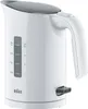 A white electric kettle with a gray lid and handle, shown from the front-left. Produktbild-Vorschau