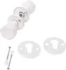 A white door knob set with accompanying hardware, including two keyhole escutcheons and two screws, laid out against a white background. Anteprima dell’immagine prodotto