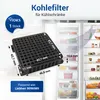 A black carbon filter for refrigerators is shown in the foreground, with a refrigerator interior in the background. Produktbild-Vorschau