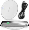 A white wireless charger with a black USB cable and a smartphone on top, charging. Produktbild-Vorschau