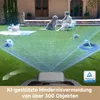 A robotic lawnmower is shown in a garden setting, with a person and a dog in the background. The image highlights the robot's obstacle avoidance feature with visual overlays. Produktbild-Vorschau