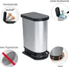 A stainless steel trash can with various features highlighted by callouts and close-up images. Voir les images du produit