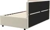 The back and side of a beige upholstered bed frame with a slatted mattress base is shown against a white background. Náhled obrázku produktu