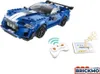 A blue toy sports car with a remote control and a smartphone displaying an app. Produktbild-Vorschau
