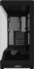 The image shows the interior of a black computer tower case with a glass side panel. Produktbild-Vorschau