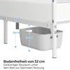 A white metal bed frame with a gray storage bin underneath. Dotted lines indicate measurements for the height of the bed frame and the storage bin. Podgląd zdjęcia produktu