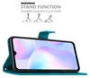 A teal flip case for a smartphone is shown in an open position, displaying the phone's screen. Above the case, there are illustrations and text describing the stand function. Náhled obrázku produktu
