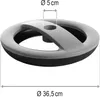A close-up, angled view of a gray and black circular product with measurement indicators.