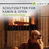 A dog sits in front of a fireplace protected by a metal gate. Náhled obrázku produktu