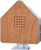 A product shot of a house-shaped device with a wood-grain front and a white base. Produktbild-Vorschau