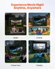 Collage of four scenes showing an inflatable movie screen being used in different outdoor settings: a garden, poolside, an outdoor party, and camping. Voir les images du produit