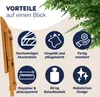 A graphic displaying various features of a wooden garden table, with a close-up of the table on the left and green foliage in the background. Produktbild-Vorschau