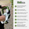 A person is holding a cordless hedge trimmer, with a list of product features on the right side of the image. Produktbild-Vorschau