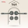 A marketing image showcasing a set of door handles and related hardware, presented against a patterned background with architectural elements. Produktbild-Vorschau