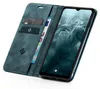 A teal flip case for a smartphone, open to reveal card slots and a phone screen displaying the time and date. Produktbild-Vorschau