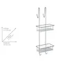A silver metal shower caddy with two shelves and hooks, shown against a white background with a diagram of its dimensions. Produktbild-Vorschau