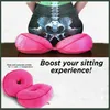 A split image showing a close-up of a person's lower torso with an X-ray overlay, sitting on pink cushions, and a separate view of two pink donut-shaped cushions. Produktbild-Vorschau