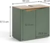 A green vanity cabinet with a wooden top, shown with dimensions. Voir les images du produit