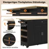 Diagrams illustrating the features of a black kitchen island with a wooden countertop. Voir les images du produit