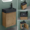 A collage of images showing a modern bathroom vanity with a mineral cast sink and a wooden cabinet. Produktbild-Vorschau