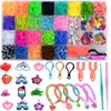 A flat lay of a loom band crafting kit, including various colored bands, charms, and tools, neatly arranged in a plastic organizer case and displayed below. Náhled obrázku produktu