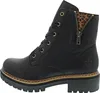 A side view of a black leather boot with a leopard print accent and a zipper. Voir les images du produit