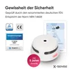 A white smoke detector is shown with various certifications and marketing text. Produktbild-Vorschau