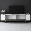 A modern white and gold TV stand with a black television on top, set against a dark gray wall. Náhľad obrázku produktu