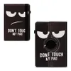 Two views of a brown tablet case with a cartoonish angry face and text. Produktbild-Vorschau