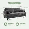 A diagram showing the dimensions of a sofa, along with icons indicating maximum weight and package information. Produktbild-Vorschau
