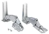 Two metal hinges with white plastic inserts are shown against a white background. Two small screws are also visible in the foreground. Produktbild-Vorschau
