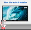 A television displaying a large wave, with marketing text and awards displayed below. Produktbild-Vorschau