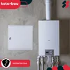 A white revision door and a white gas boiler mounted on a concrete wall. Náhled obrázku produktu