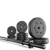A set of weightlifting equipment, including a barbell and various weight plates, is displayed against a white background. Produktbild-Vorschau
