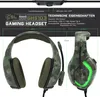 A marketing image showing a camouflage gaming headset with technical specifications and dimensions. Produktbild-Vorschau
