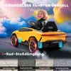 A child is riding a yellow toy electric car in a surreal, cloudy environment. The image also shows four different road surfaces at the bottom. Produktbild-Vorschau