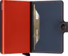 A Secrid Miniwallet is shown open, with a red aluminum card holder on the left and a blue leather interior with a gold credit card on the right. Anteprima dell’immagine prodotto